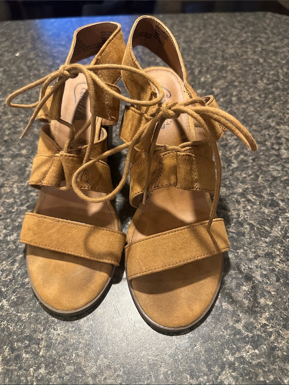 Roots Tan Suede Lace-Up Block Heel Sandals